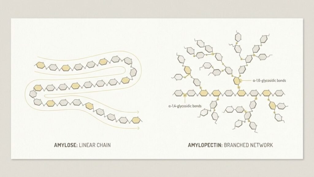 Diagram comparing the mostly linear structure of amylose with the branched structure of amylopectin.