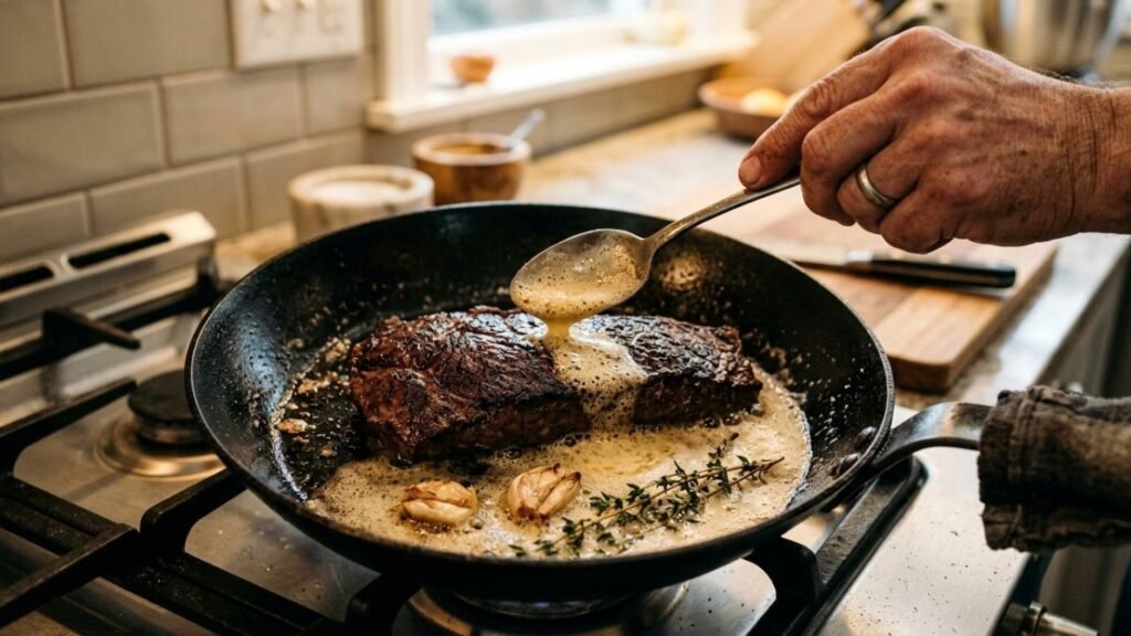Bavette steak being basted with foaming butter, garlic and thyme in a heavy skillet.