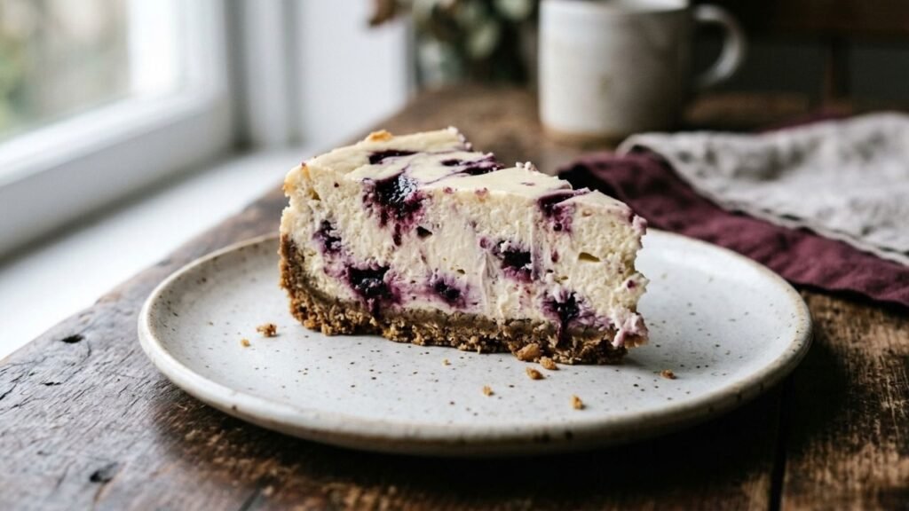 Slice of pale cheesecake crossed with irregular dark boysenberry-purple swirls.