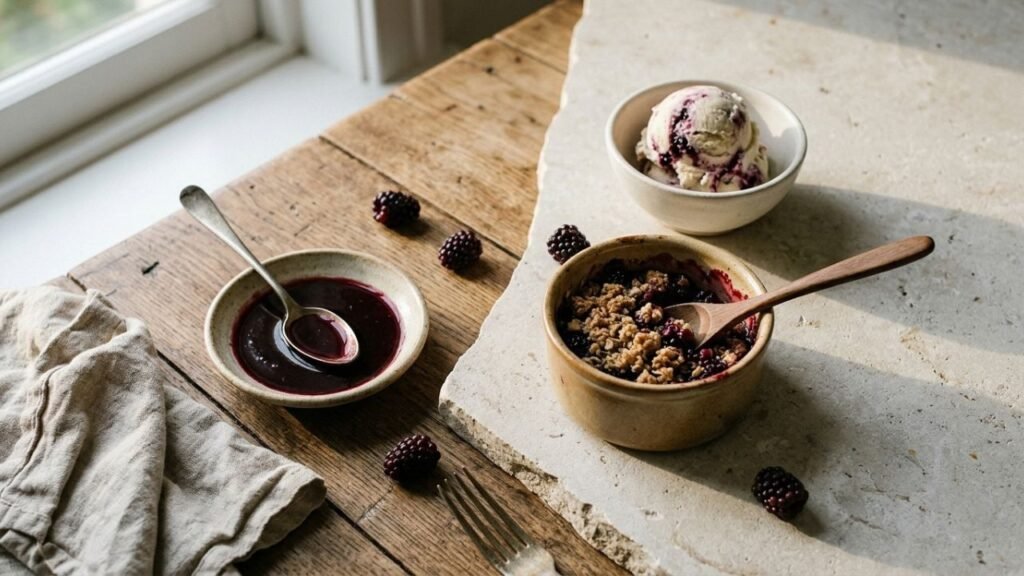 Three homemade boysenberry preparations: dark sauce, warm fruit dessert and berry-streaked ice cream.