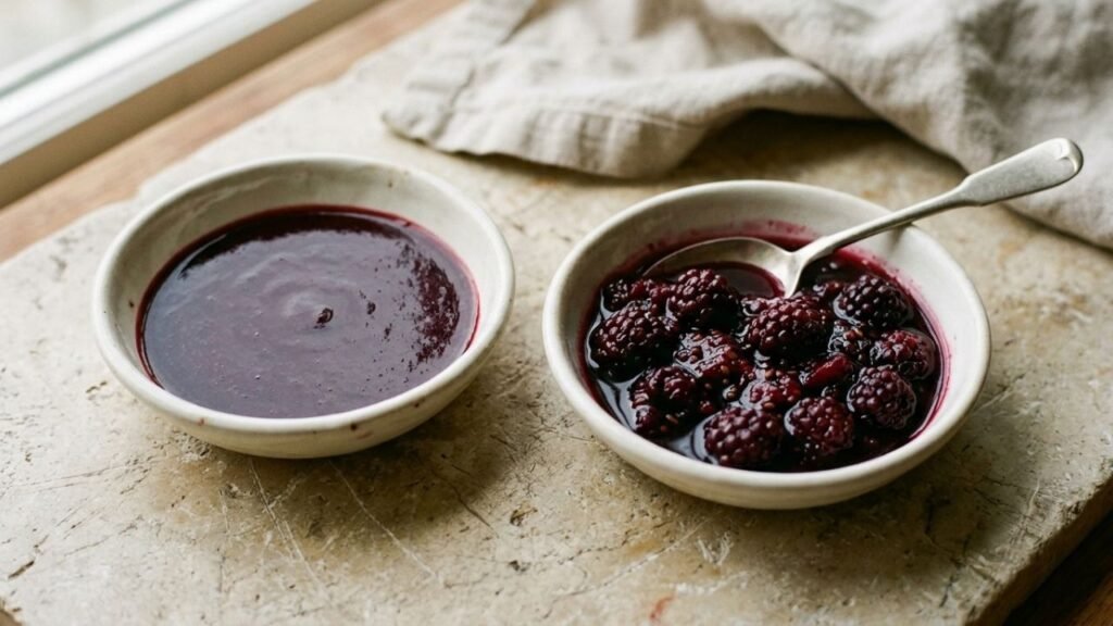 Two dishes of boysenberry preparation, one smooth and strained and one containing whole berries.