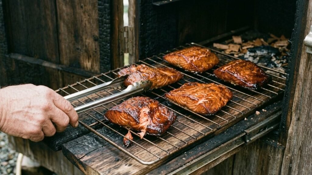 Pieces of candied salmon with dark glossy surfaces resting on a metal smoking rack.