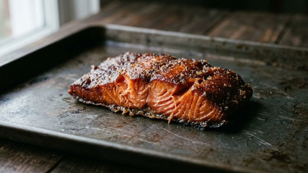 Cut piece of candied salmon showing a dark exterior and moist, fibrous centre.