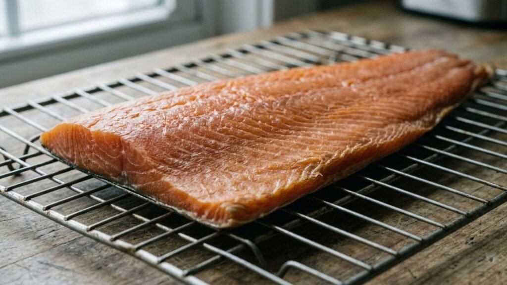 Close-up of cured salmon with a slightly dry, tacky surface resting on a wire rack.