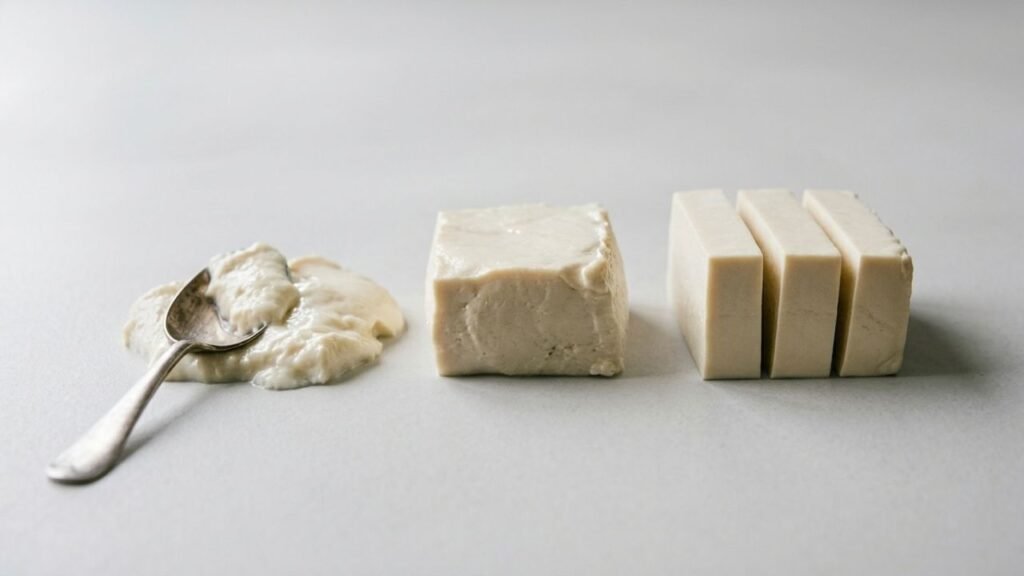 Three portions of silken tofu showing different degrees of firmness.