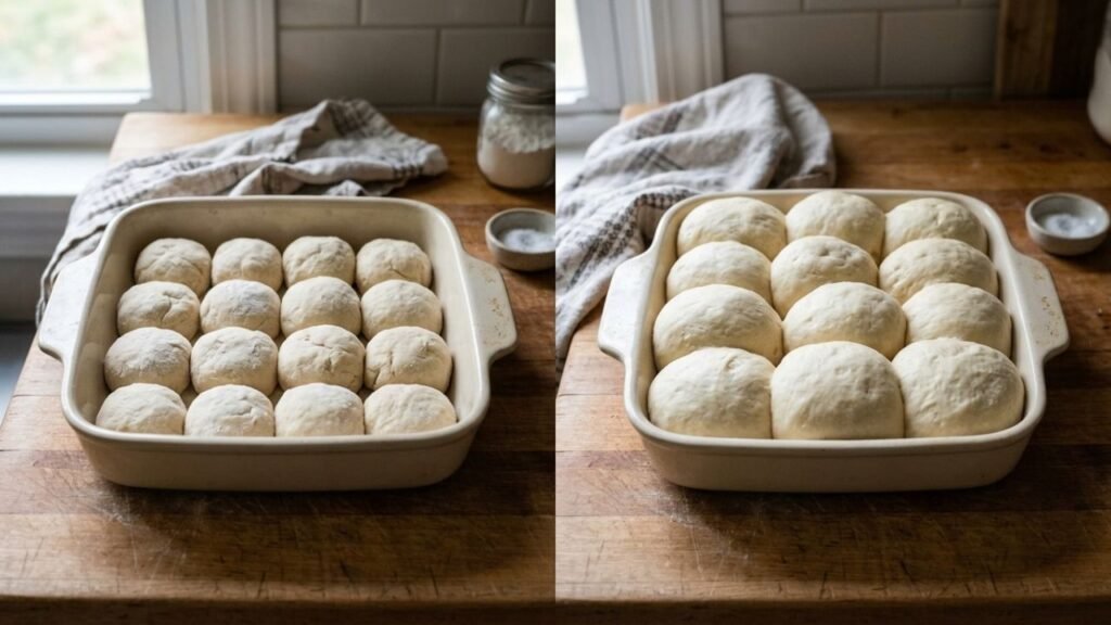 Two stages of dinner-roll dough, with the risen rolls noticeably larger and puffier than the thawed rolls.