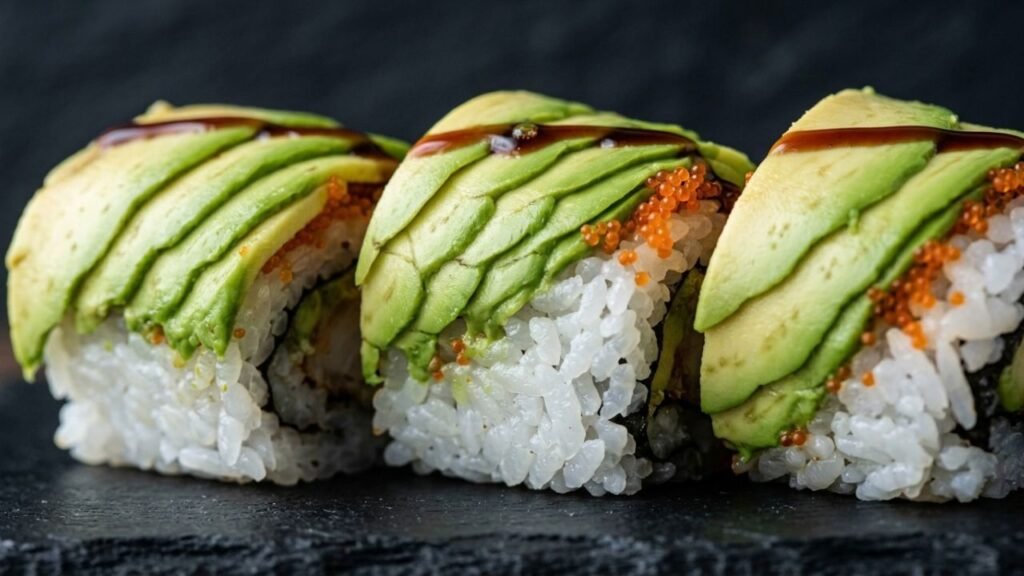 Close view of overlapping avocado slices forming a scale-like pattern on Dragon Roll sushi.