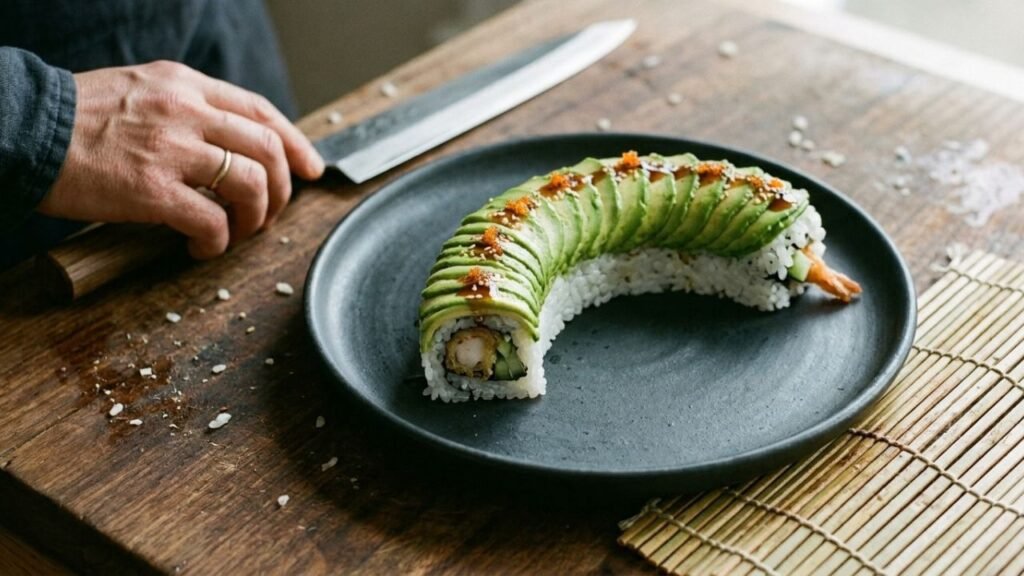 Dragon Roll sushi topped with overlapping thin avocado slices, orange roe and a light drizzle of dark sauce.