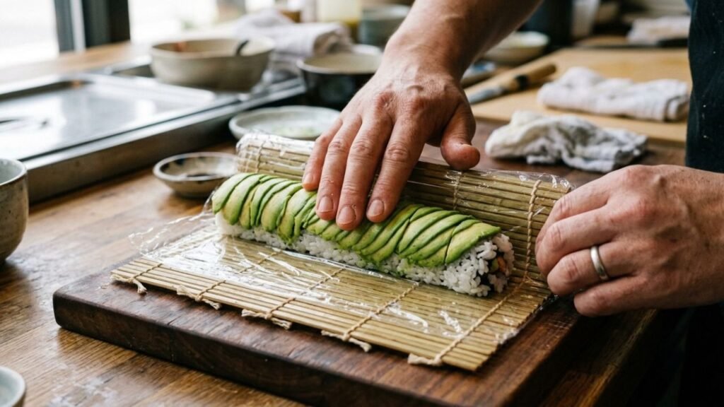 Hands gently pressing overlapping avocado slices onto a sushi roll through plastic wrap and a bamboo mat.