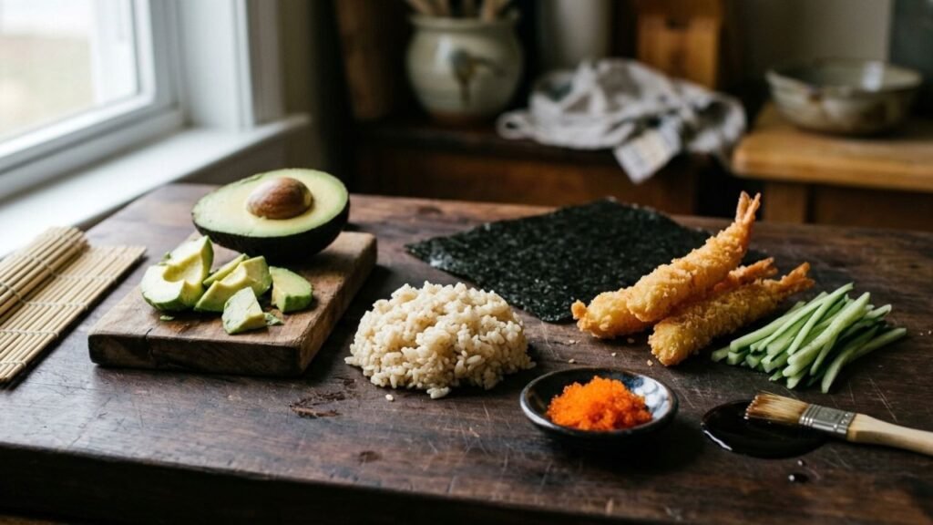 Avocado, sushi rice, nori, shrimp tempura, cucumber, roe and sauce arranged on a sushi preparation table.