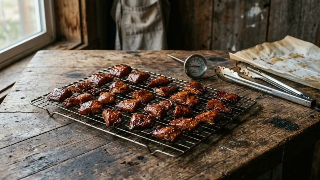 Small batch of finished candied salmon resting on a metal smoking rack.