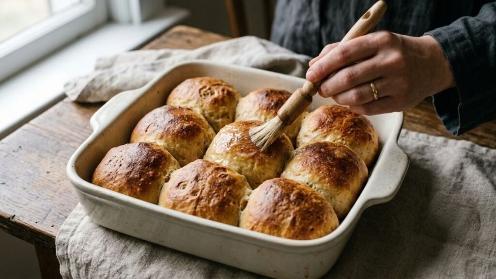 Freshly baked golden dinner rolls being lightly brushed with melted butter in their baking dish.
