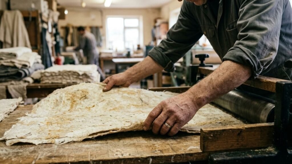 Worker’s hands inspecting textured paper or woven fibre in a production workshop.