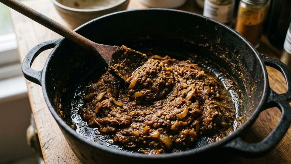 Thick onion and tomato masala cooking in a dark pot with a wooden spoon.