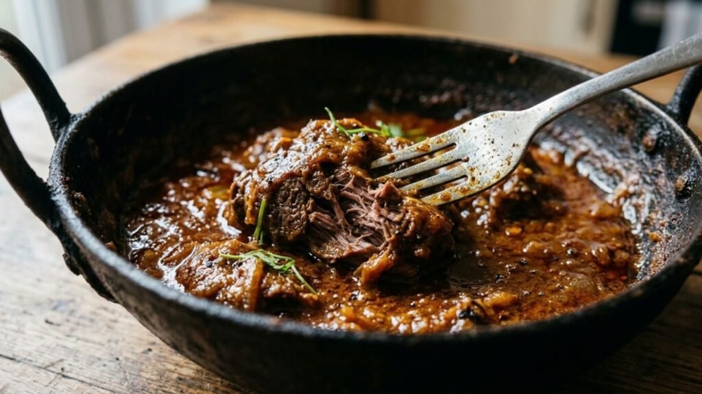 Bowl of thick hogget curry served with basmati rice and a small onion and coriander salad.