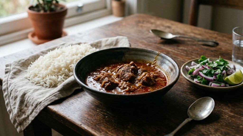 A fork gently tests a tender piece of cooked sheep meat in thick curry gravy.