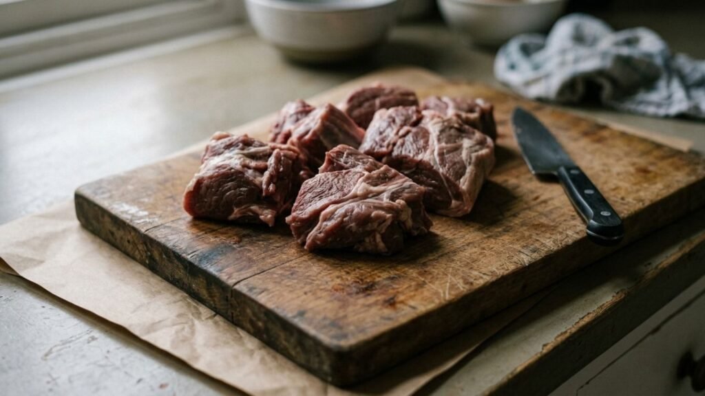 Medium pieces of sheep meat arranged on a worn wooden cutting board beside a kitchen knife.