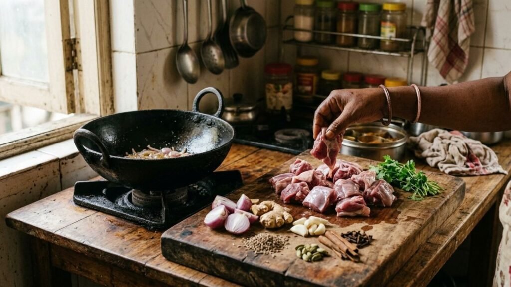 Pieces of raw sheep meat beside a heavy cooking pot, onions, spices and a cook's hand preparing them.