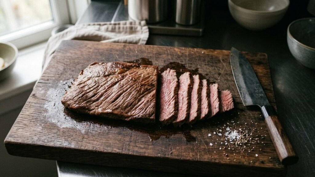 Cooked bavette steak being sliced across its visible muscle grain on a cutting board.