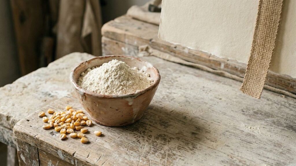 Pale maize starch in a shallow vessel beside maize kernels and textured paper and fibre.