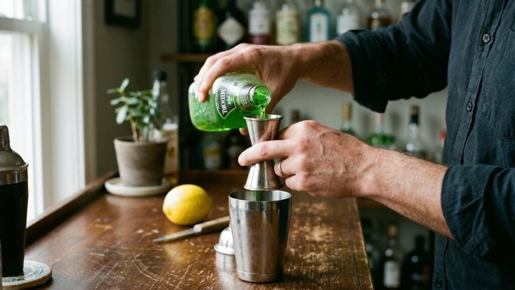Hand measuring green melon liqueur in a metal jigger above a cocktail shaker.