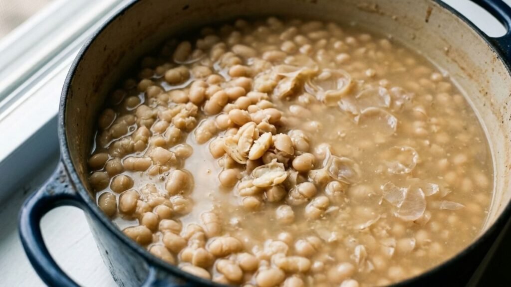 Cooked navy beans, some intact and some split, suspended in a thickened cooking liquid.