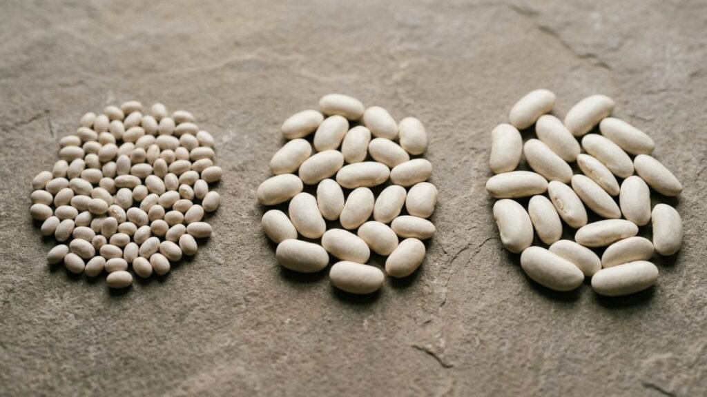 Small navy beans beside larger Great Northern and elongated cannellini beans.