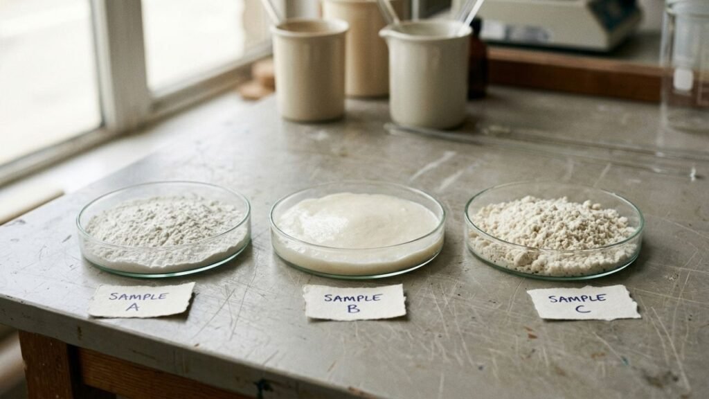 Three maize starch samples in shallow dishes showing differences in texture and appearance.