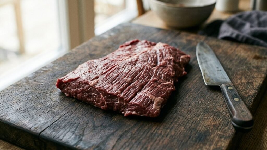 Raw bavette steak on a cutting board with long muscle fibres running across its surface.