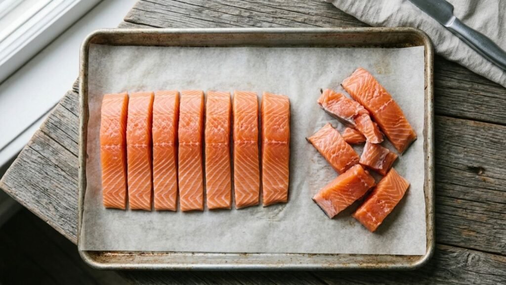 Evenly cut salmon pieces arranged beside salmon pieces of noticeably different thicknesses.