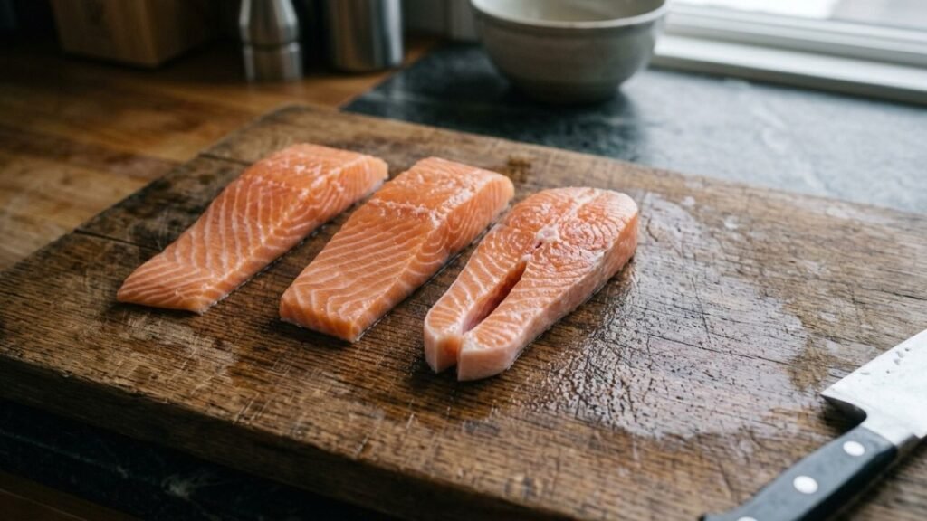 Several salmon pieces of different thicknesses arranged on a wooden cutting board.