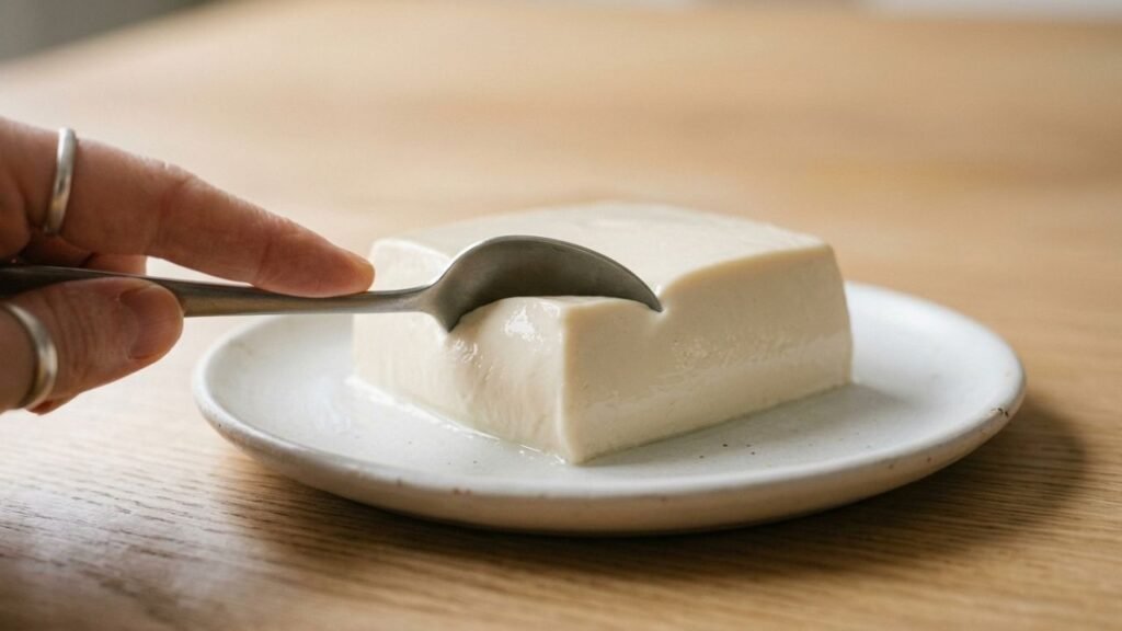 Spoon gently pressing the edge of soft silken tofu on a white plate.