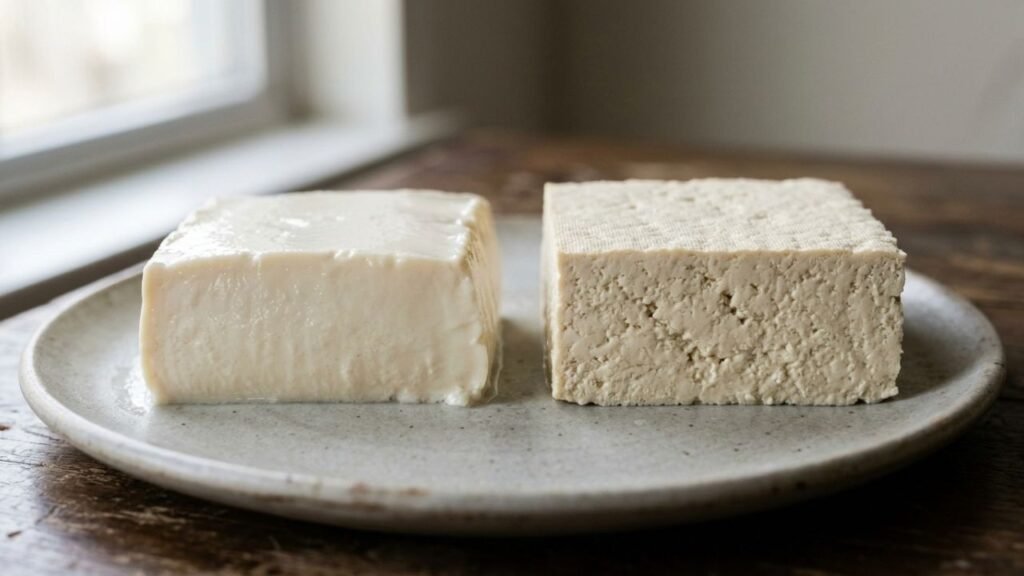 Smooth silken tofu beside a denser piece of firm tofu on a ceramic surface.