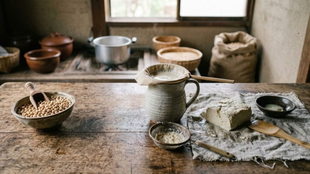 Soybeans, pale soy milk, and tofu arranged together on a wooden preparation surface.