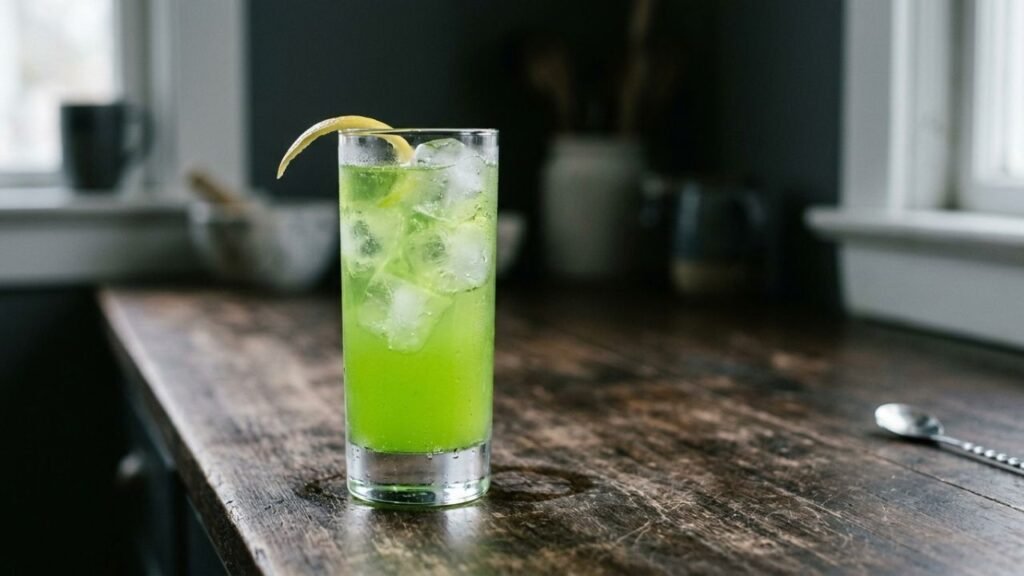 Bright green Tokyo Tea in a tall Collins glass with clear ice and a narrow lemon peel.