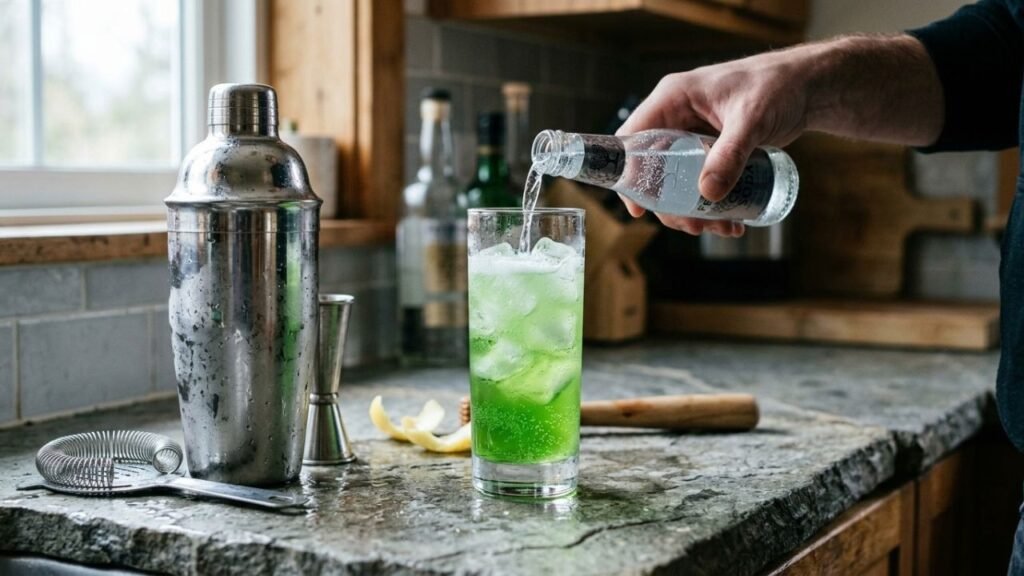 Clear soda being poured over ice into a bright green cocktail in a tall glass.