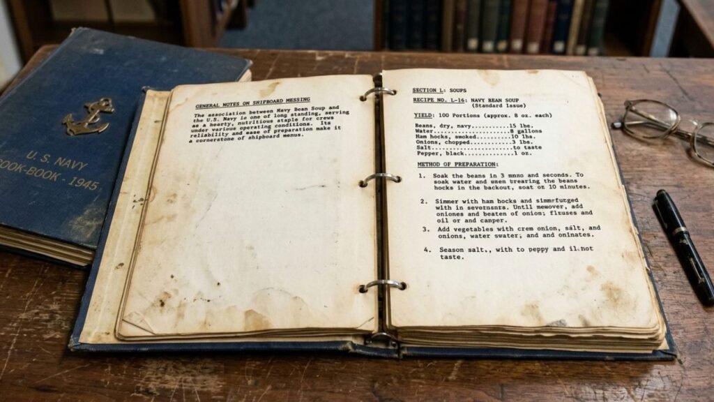 Historical U.S. Navy cookbook material featuring a bean soup recipe.