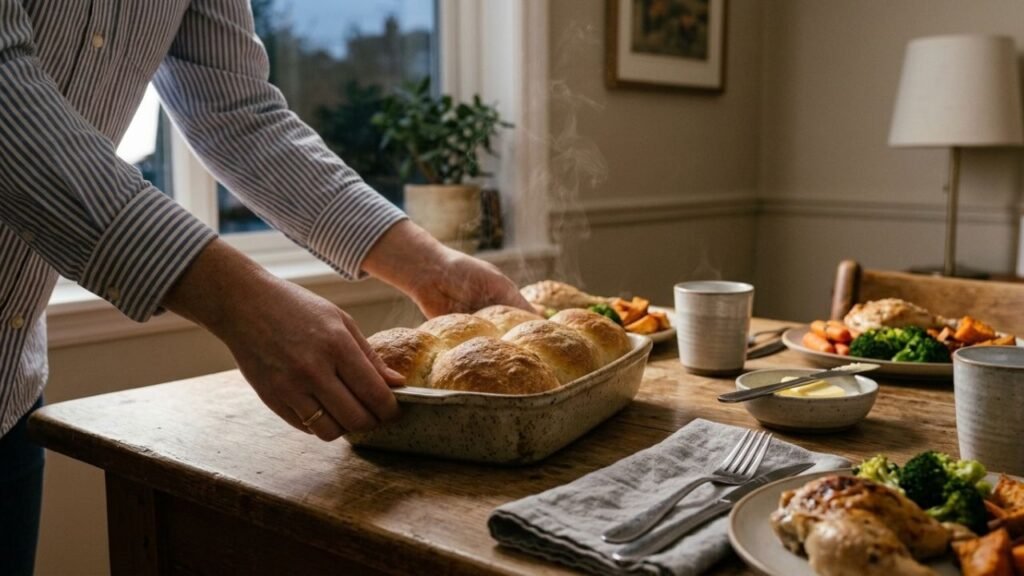 Hands place a dish of warm dinner rolls on a simply set dinner table.