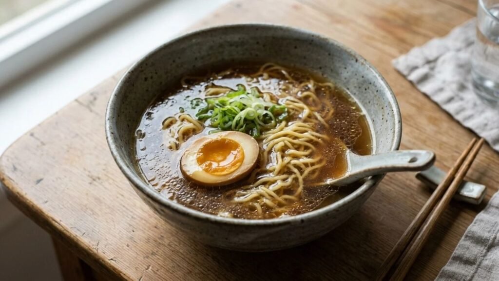 A halved soy-marinated egg rests beside noodles and spring onions in a bowl of shoyu ramen.