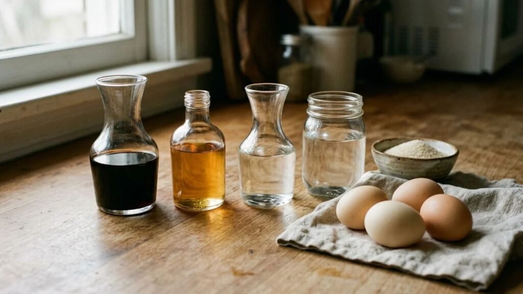 Eggs and four small vessels containing the liquids used to prepare a Japanese ramen egg marinade.