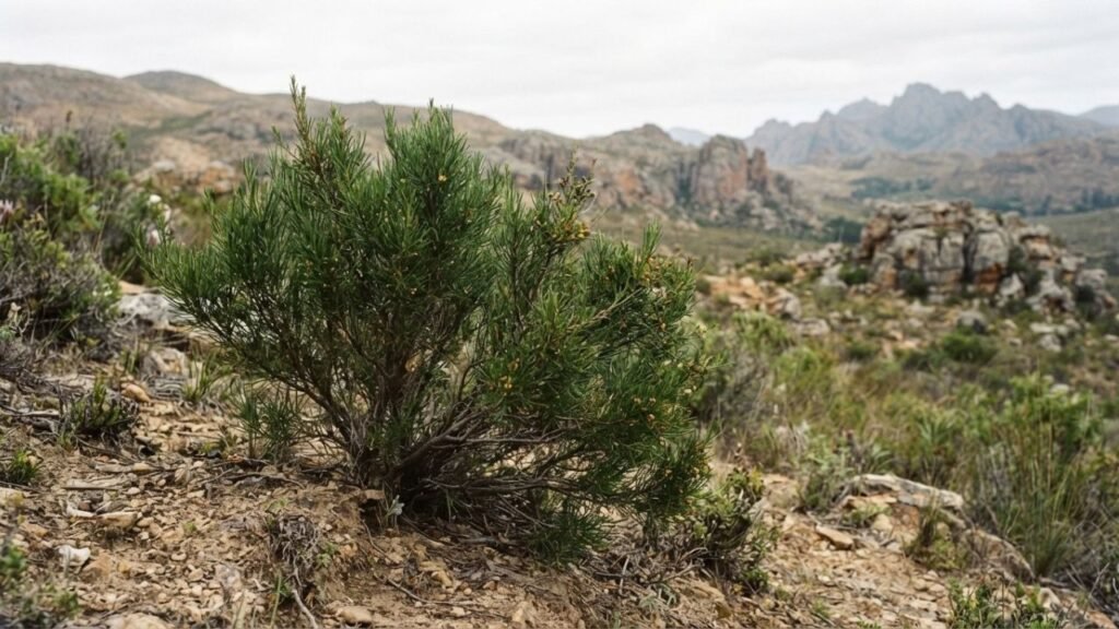 Aspalathus linearis rooibos shrub growing in a dry South African landscape.