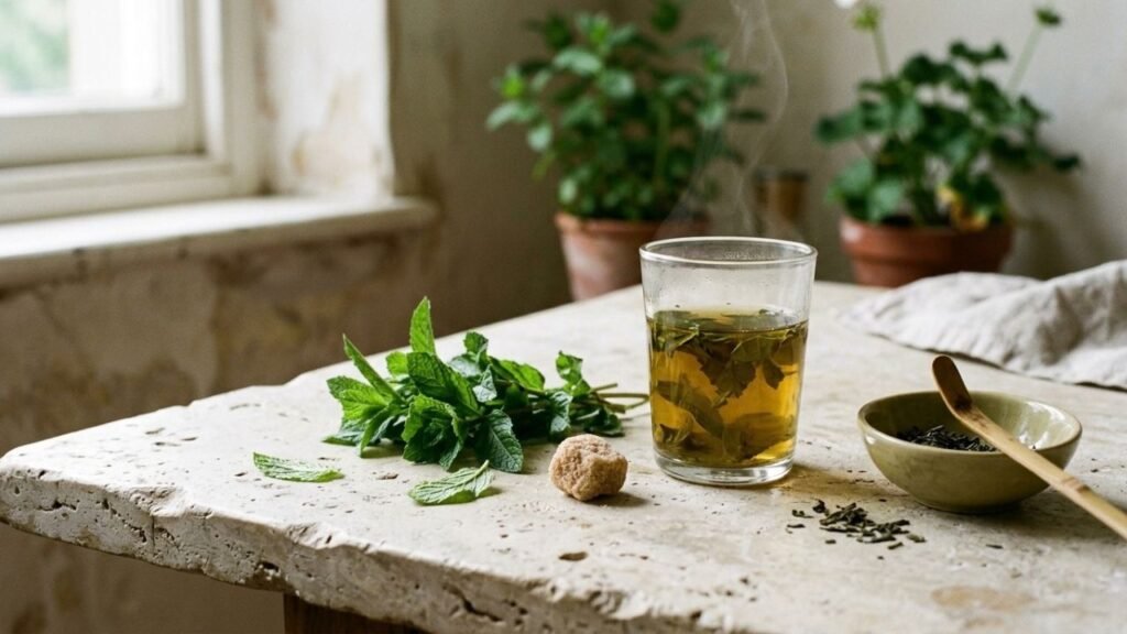 Glass of mint tea beside fresh mint leaves and a small amount of sugar.
