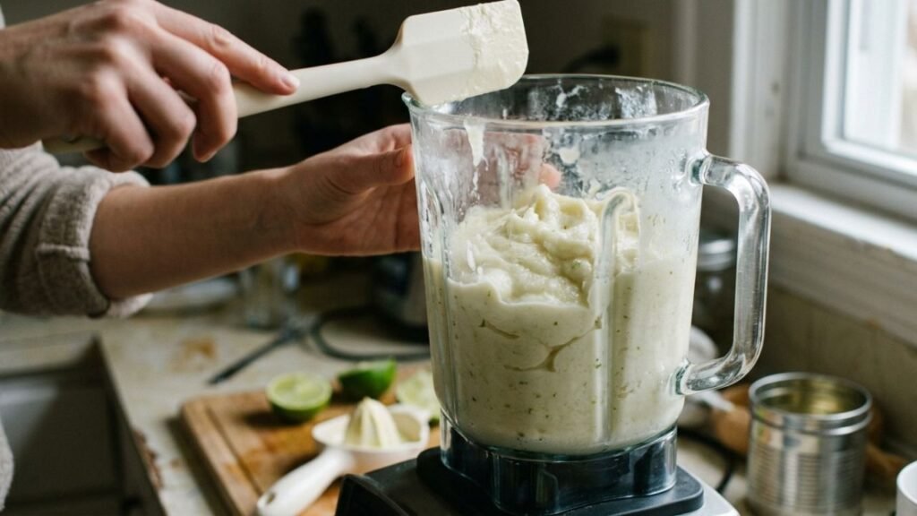 Thick, pale frozen margarita mixture inside a blender jar.