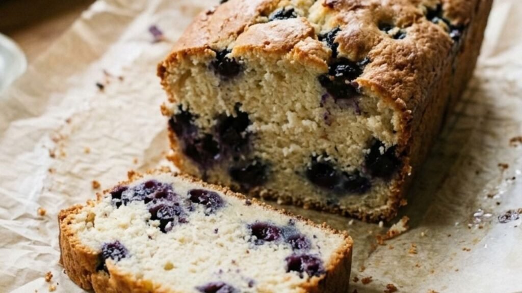 Slice of blueberry lemon loaf cake showing berries distributed throughout the crumb.