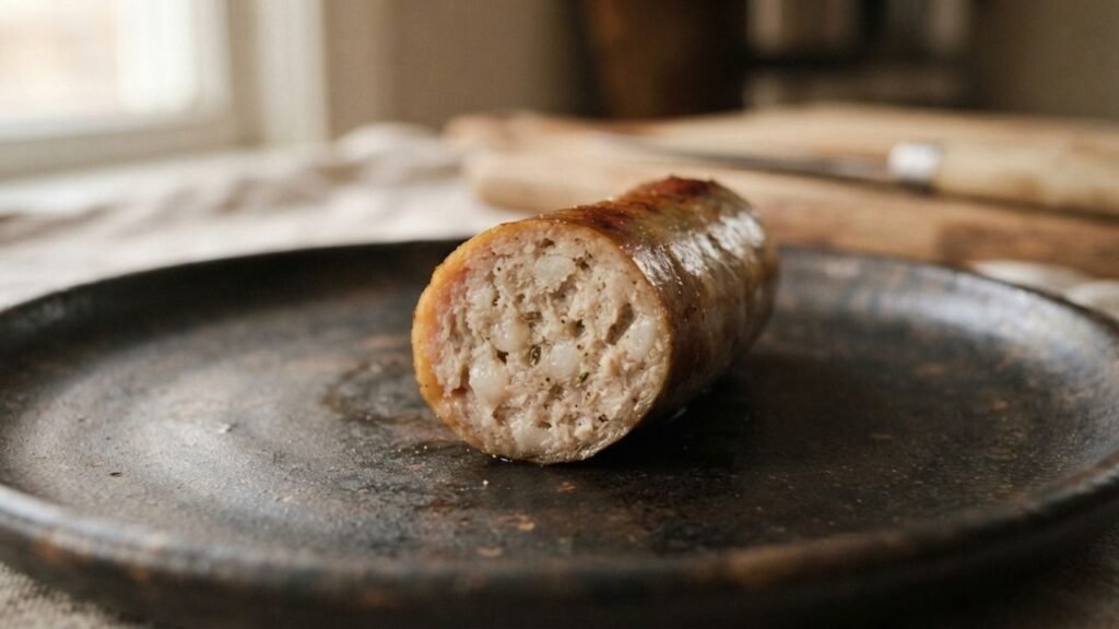 Cut bratwurst showing its browned casing and cooked interior.