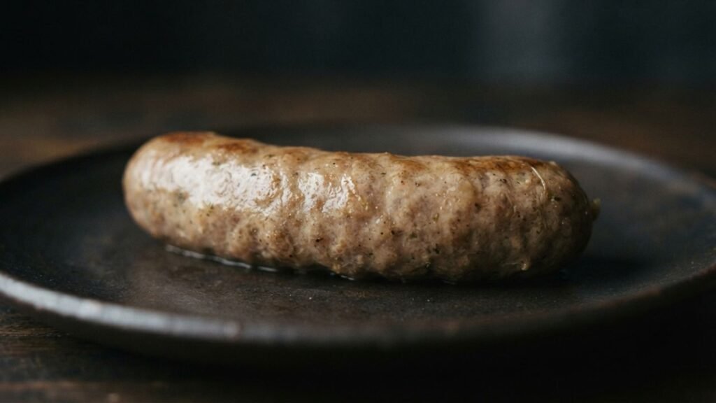 Close-up of the textured casing on a browned bratwurst.