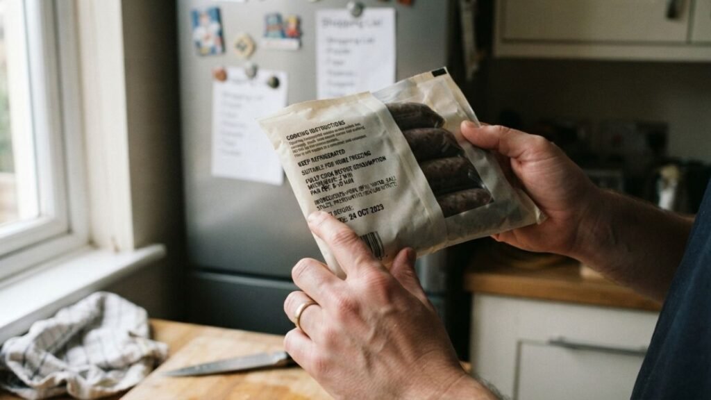 Hands examining cooking information on a package of bratwurst.