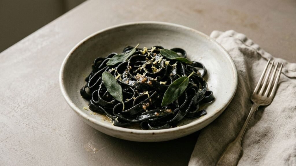 Black squid ink tagliatelle with browned butter, crisp sage leaves and lemon zest.