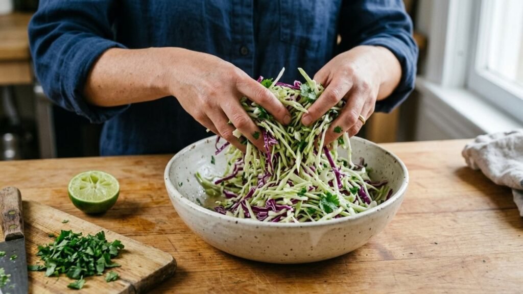 Hands tossing shredded green and purple cabbage with lime and cilantro in a ceramic bowl.