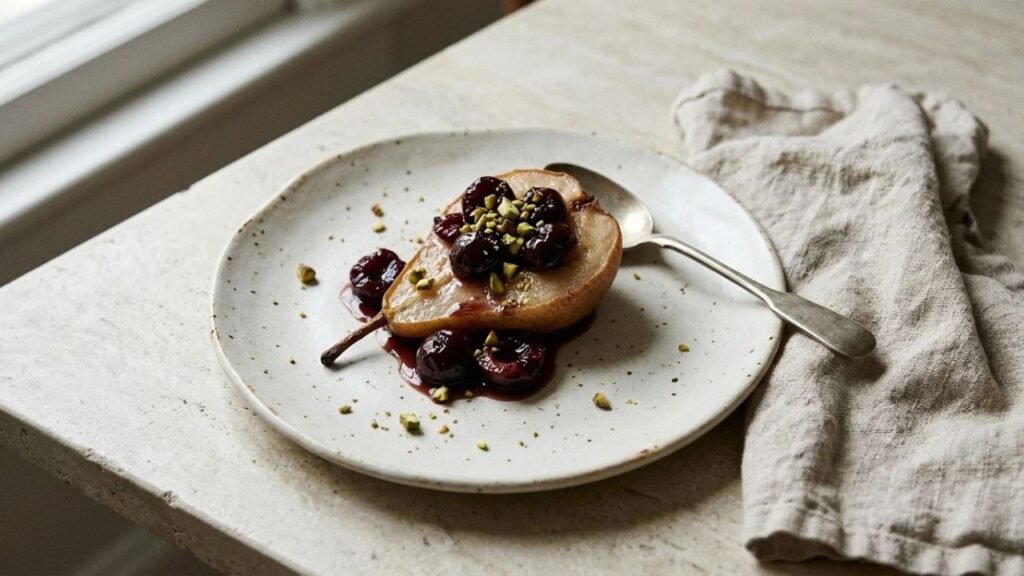 Baked pear topped with dark cherry compote and chopped pistachios on a ceramic plate.